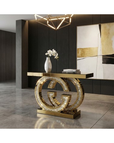 Modern Mirrored Console Table with Swarovski Crystals, Luxury G Base, for Entryway and Living Room, Model CBFE141