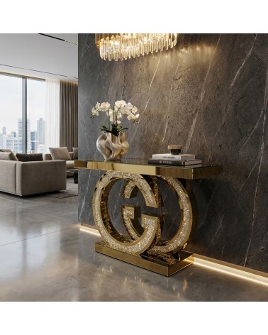 Modern Mirrored Console Table with Swarovski Crystals, Luxury G Base, for Entryway and Living Room, Model CBFE141