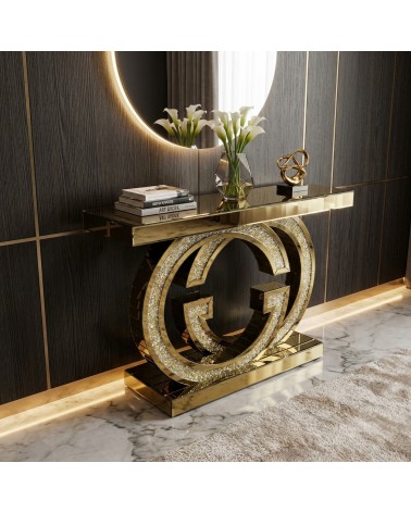 Modern Mirrored Console Table with Swarovski Crystals, Luxury G Base, for Entryway and Living Room, Model CBFE141