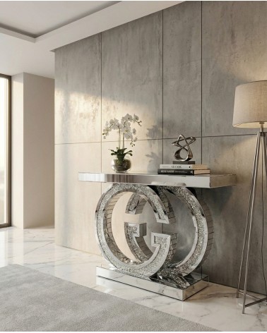 Moderner Konsolentisch mit Spiegelfront und integrierten Swarovski-Kristallen – Luxuriöses G-Gestell für Eingangsbereich und