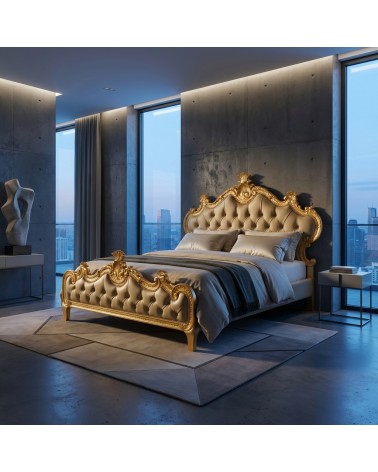Beatrice Baroque King Size Bed with Gold Leaf Silver Faux Leather Velvet Custom Made