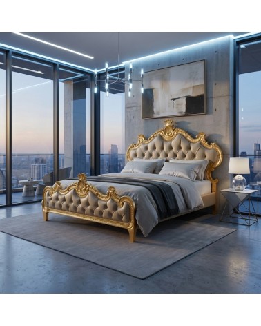 Beatrice Baroque King Size Bed with Gold Leaf Silver Faux Leather Velvet Custom Made