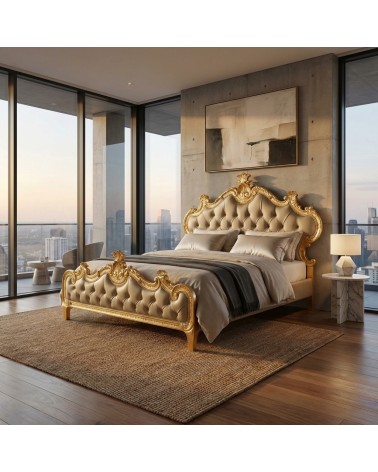 Beatrice Baroque King Size Bed with Gold Leaf Silver Faux Leather Velvet Custom Made