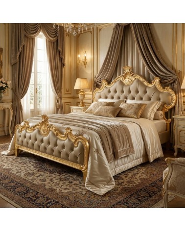 Beatrice Baroque King Size Bed with Gold Leaf Silver Faux Leather Velvet Custom Made