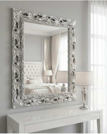 Specchio Barocco da Parete Cornice Traforata Foglia Argento Specchiera Classica GGA