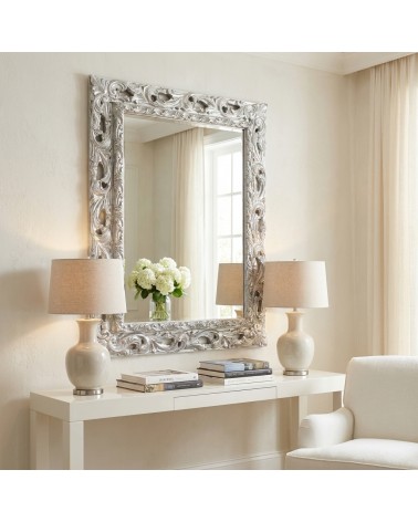 Specchio Barocco da Parete Cornice Traforata Foglia Argento Specchiera Classica GGA