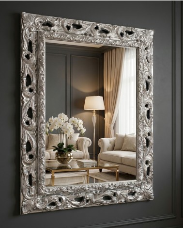 Specchio Barocco da Parete Cornice Traforata Foglia Argento Specchiera Classica GGA