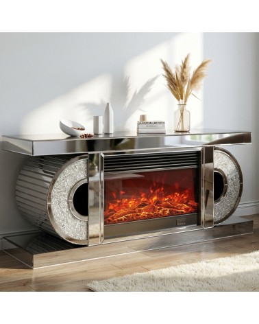 Modern Mirrored Sideboard with Electric Fireplace and Crystals CBC053