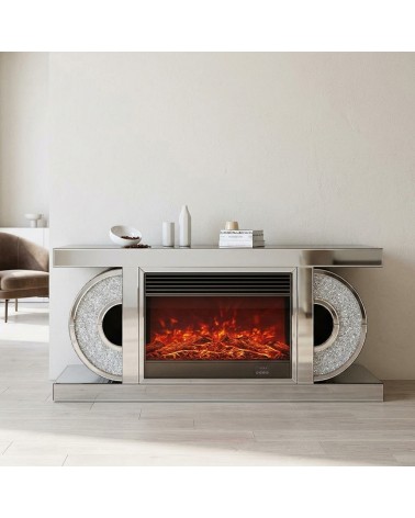 Modernes Sideboard mit Spiegelfront, elektrischem Kamin und Kristallen CBC053