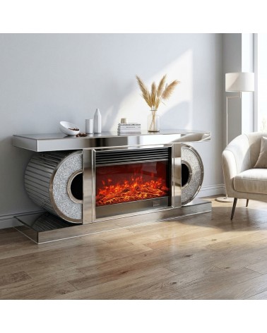 Modern Mirrored Sideboard with Electric Fireplace and Crystals CBC053