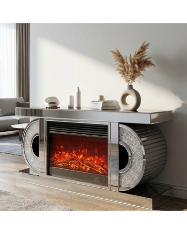 Modernes Sideboard mit Spiegelfront, elektrischem Kamin und Kristallen CBC053