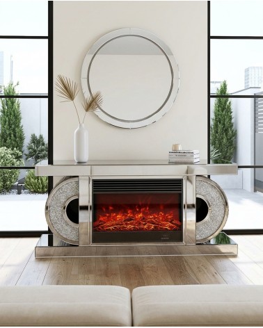 Modernes Sideboard mit Spiegelfront, elektrischem Kamin und Kristallen CBC053