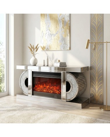 Modern Mirrored Sideboard with Electric Fireplace and Crystals CBC053