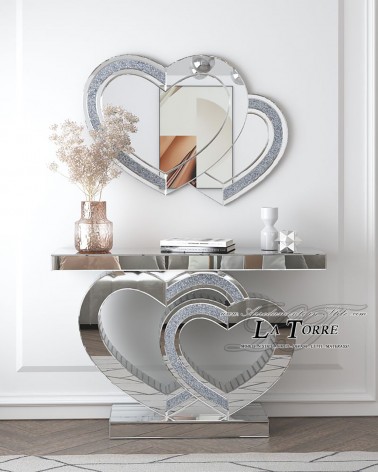 Modern Mirrored Console Table with Swarovski Hearts - Luxury Entryway Furniture E54B