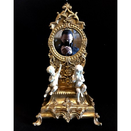 Stand with mirror antique ornament with gold baroque putto statue H 80cm R91