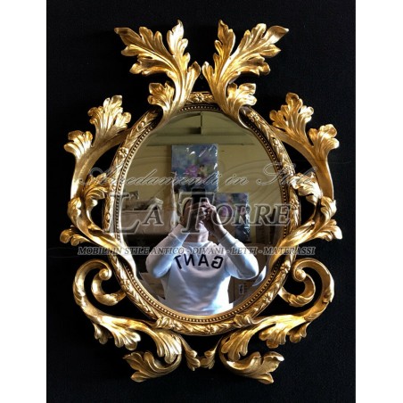 Antiker, mit Blattgold verzierter Spiegel, ovales Barockglas, Wandspiegel S01