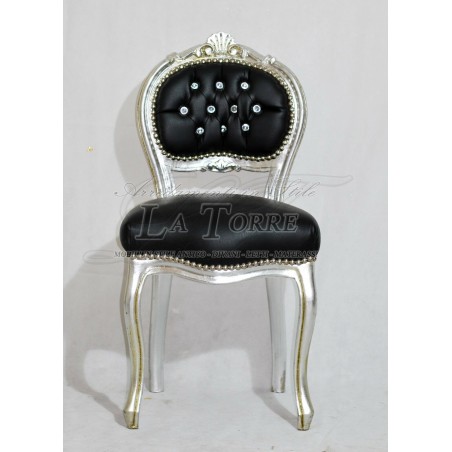 Small Louis XV music chair solid wood silver leaf black faux leather K90