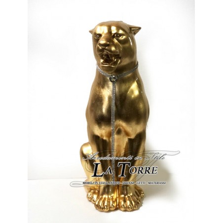 Keramik-Tierstatue, Skulptur, Panther, Leopard, Puma, Blattgold, Swarovski-Kristalle, H 70 cm, PR31