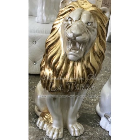 Keramische Tierstatue, Löwe mit offenem Maul, Elfenbein, Gold, Swarovski, Höhe 70 cm, PR13