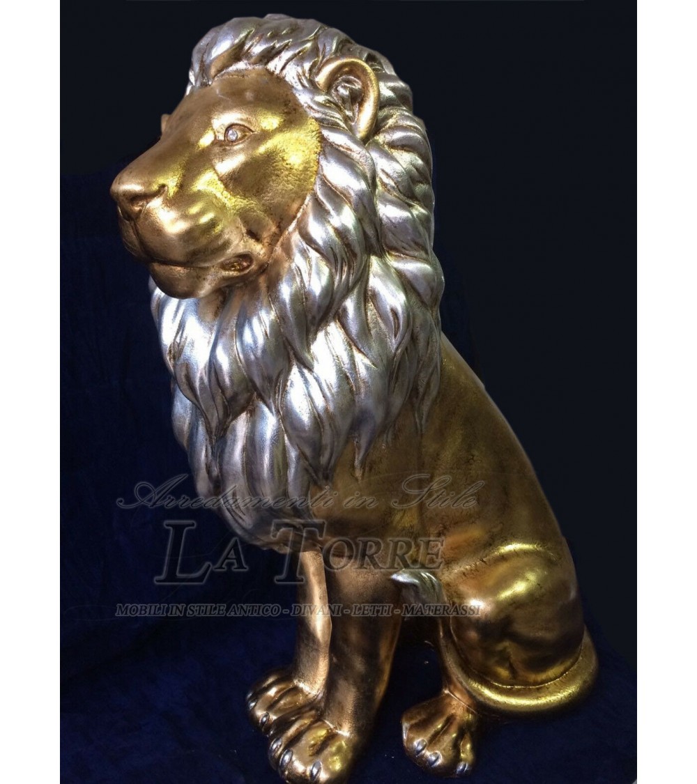 Statua ceramica scultura Leone bocca chiusa foglia oro criniera argento  swarovski 90 cm