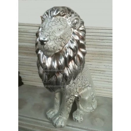 Statua ceramica scultura Leone bocca chiusa bianco cracklè criniera foglia argento swarovski H90cm PR23