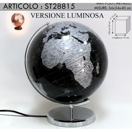 Extra classic black silver globe, globe with cartography luminous sphere