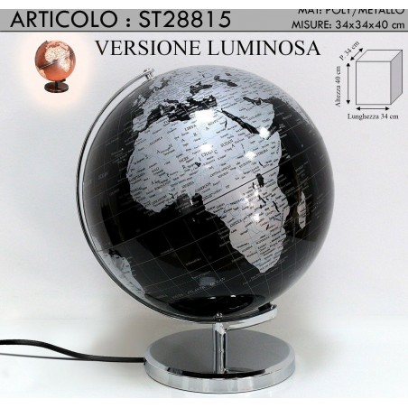 Mappamondo extra classic nero argento , globo con sfera luminosa cartografia 