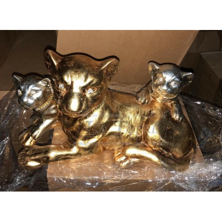 Statua complementi arredo scultura pantera cuccioli foglia oro animali ceramica H30 PR30