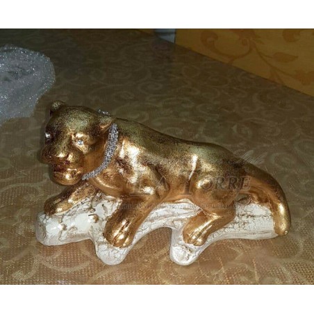 Statua complementi arredo scultura pantera feroce su ramo oro animal ceramica H20 PR26