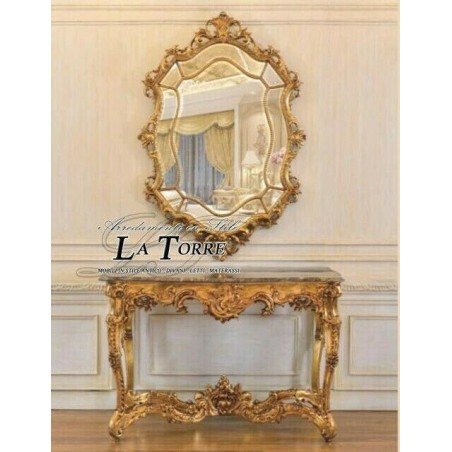 Antiker Wandspiegel mit Blattgold und barockem Schliffglas Pu706