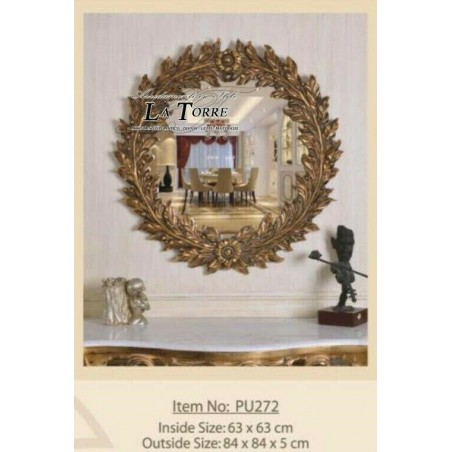 Classic round wall mirror in gold leaf, antique style, baroque cut glass PU272