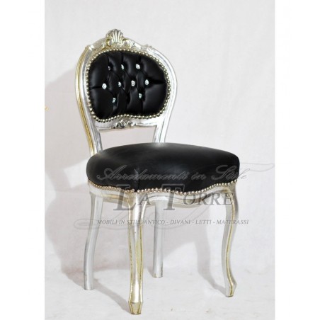 Small Louis XV music chair solid wood silver leaf black faux leather K90