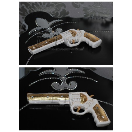 Revolver drum gun weapon in ivory and gold ceramic with swarovski