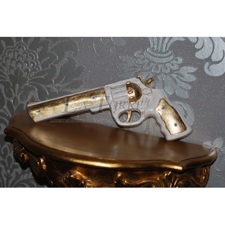 Revolver drum gun weapon in ivory and gold ceramic with swarovski