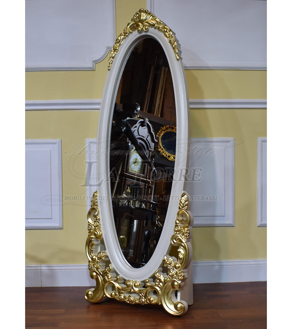 Specchiera Elisabette stile barocco da terra avorio e oro legno intagliato