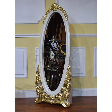 Elisabette baroque style floor standing mirror in ivory and gold in carved wood