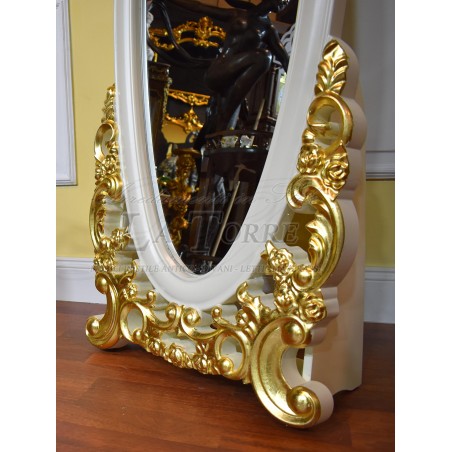 Elisabette baroque style floor standing mirror in ivory and gold in carved wood