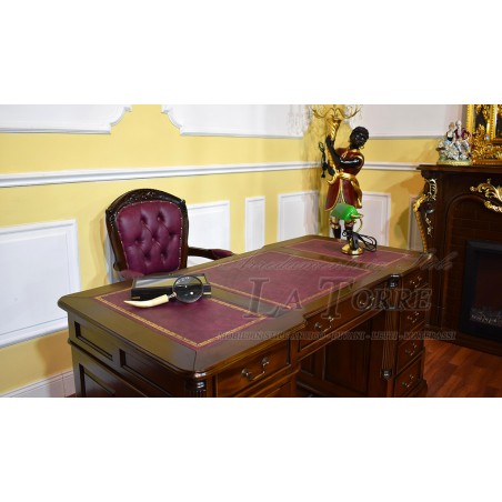 Scrivania Ministeriale Presidenziale Bifacciale Noce Ecopelle Bordeaux 180 cm Na11