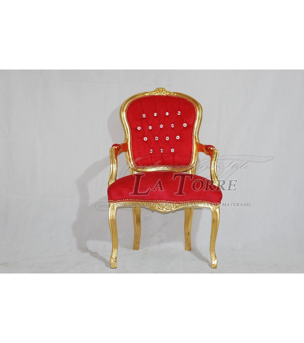 Poltrona Barocca Stile Luigi XVI - Tessuto Rosso E Oro Con Struttura In Legno - Elegante Sedia Da Salotto - Foto 8