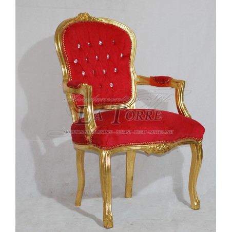 Poltrona futè sedia braccioli Luigi XV oro vellutino rosso barocco AR1114