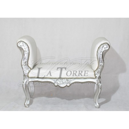 Französische Tagesbettbank, Sofa, Holzbank, silberweißes Öko-Leder K86