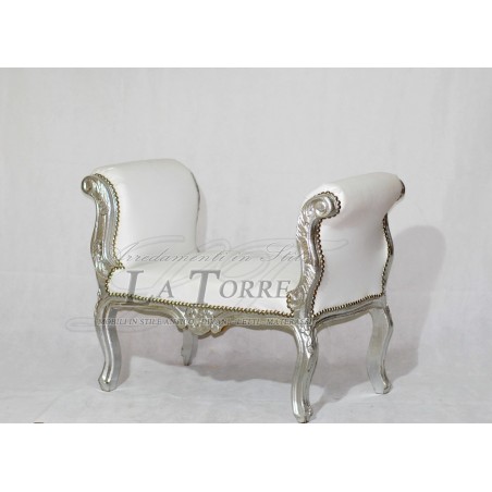 Französische Tagesbettbank, Sofa, Holzbank, silberweißes Öko-Leder K86