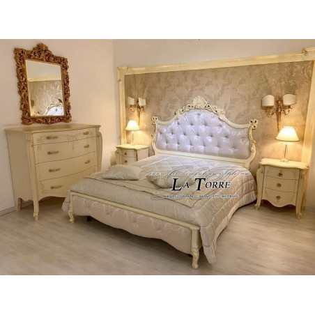 Barockes Doppelbett mit Stauraum aus Öko-Leder, gold- und silberfarbenem Holz, Schleife