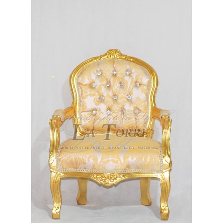 Futè Baby-Sessel mit Armlehnen, Louis-XV-Sessel, vergoldetes Holz, elfenbeinfarbener und goldener Damaststoff AL2006