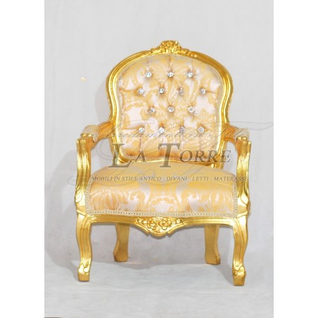 Futè Baby-Sessel mit Armlehnen, Louis-XV-Sessel, vergoldetes Holz, elfenbeinfarbener und goldener Damaststoff AL2006