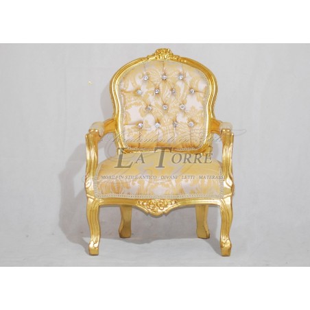 Futè Baby-Sessel mit Armlehnen, Louis-XV-Sessel, vergoldetes Holz, elfenbeinfarbener und goldener Damaststoff AL2006