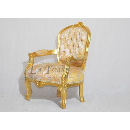 Futè Baby-Sessel mit Armlehnen, Louis-XV-Sessel, vergoldetes Holz, elfenbeinfarbener und goldener Damaststoff AL2006