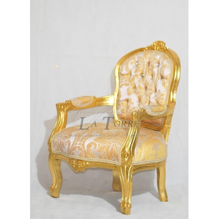 Futè Baby-Sessel mit Armlehnen, Louis-XV-Sessel, vergoldetes Holz, elfenbeinfarbener und goldener Damaststoff AL2006
