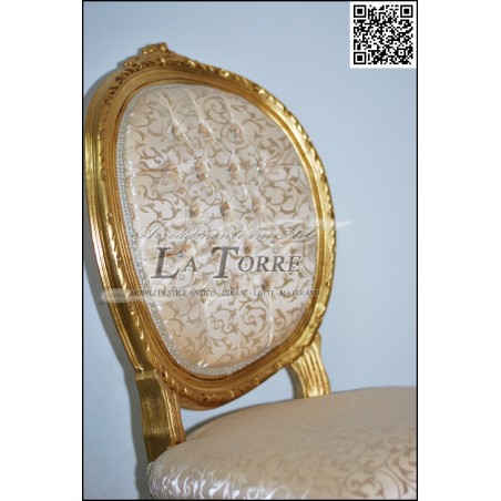 Sedia poltrona Cordelia barocco Luigi XV  oro tessuto damascato avorio Swarovski AR5458