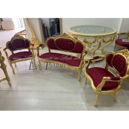 Klassisches, geschwungenes Wohnzimmersofa, Sessel, Couchtisch, Gold, Barock, Rot LT2786